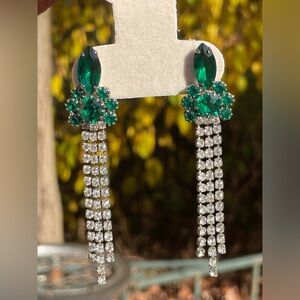 Vintage Emerald Green And White Glass Stone Dangle Earrings